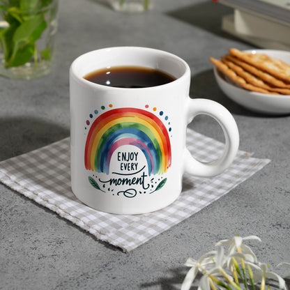 Regenbogen Kaffeebecher mit Spruch Enjoy every moment