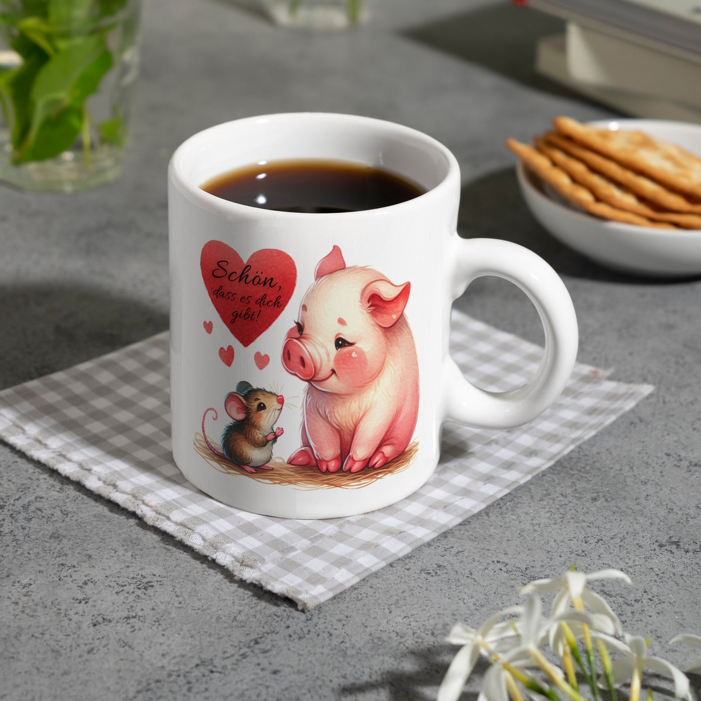 Schwein mit Maus und Herz Kaffeebecher mit Spruch Schön dass es dich gibt