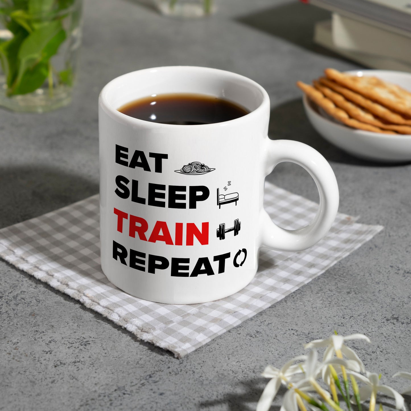 Eat Sleep Train Repeat Fitness Kaffeebecher