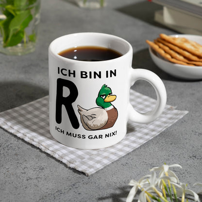 Ente Ruhestand Kaffeebecher mit Spruch Ich bin in R-Ente Ich muss gar nix