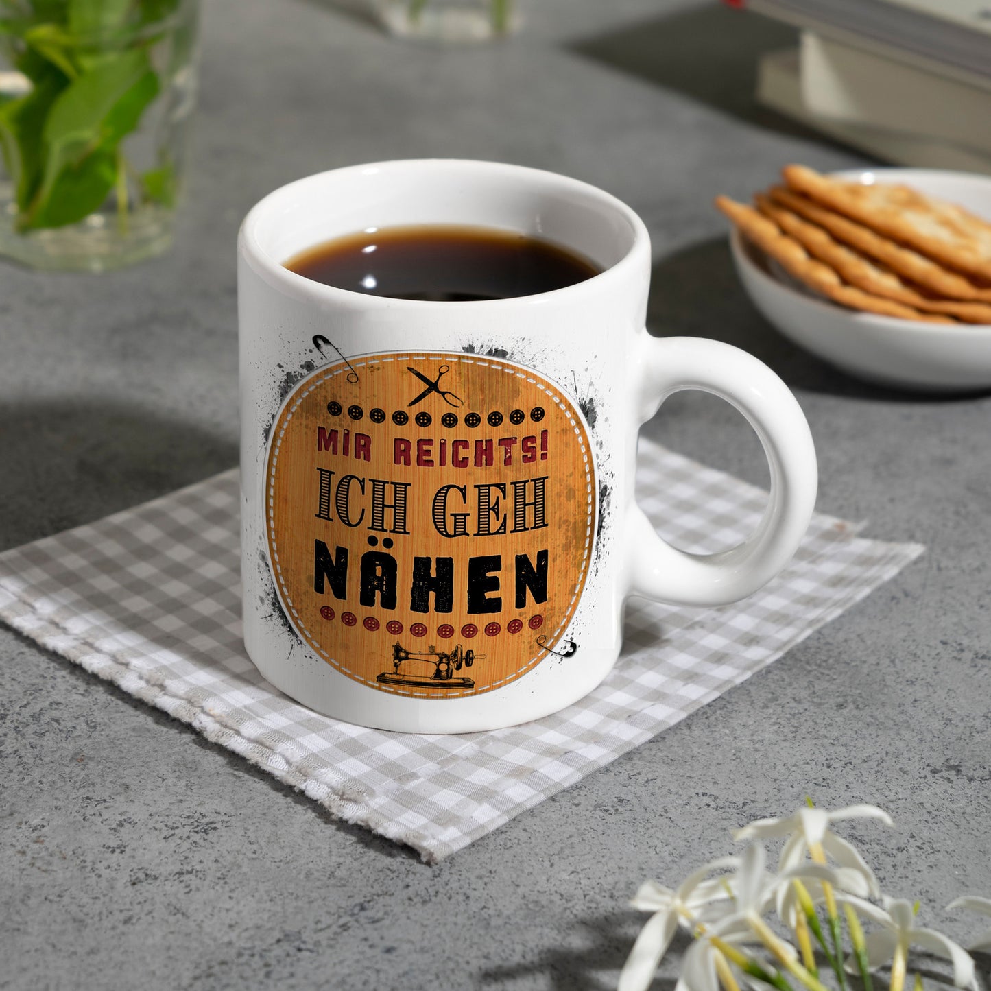 Kaffeebecher mit Spruch: Mir reicht's! Ich geh nähen