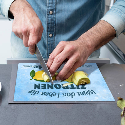 Zitronen Schneidebrett aus Glas mit Spruch mach Limonade draus