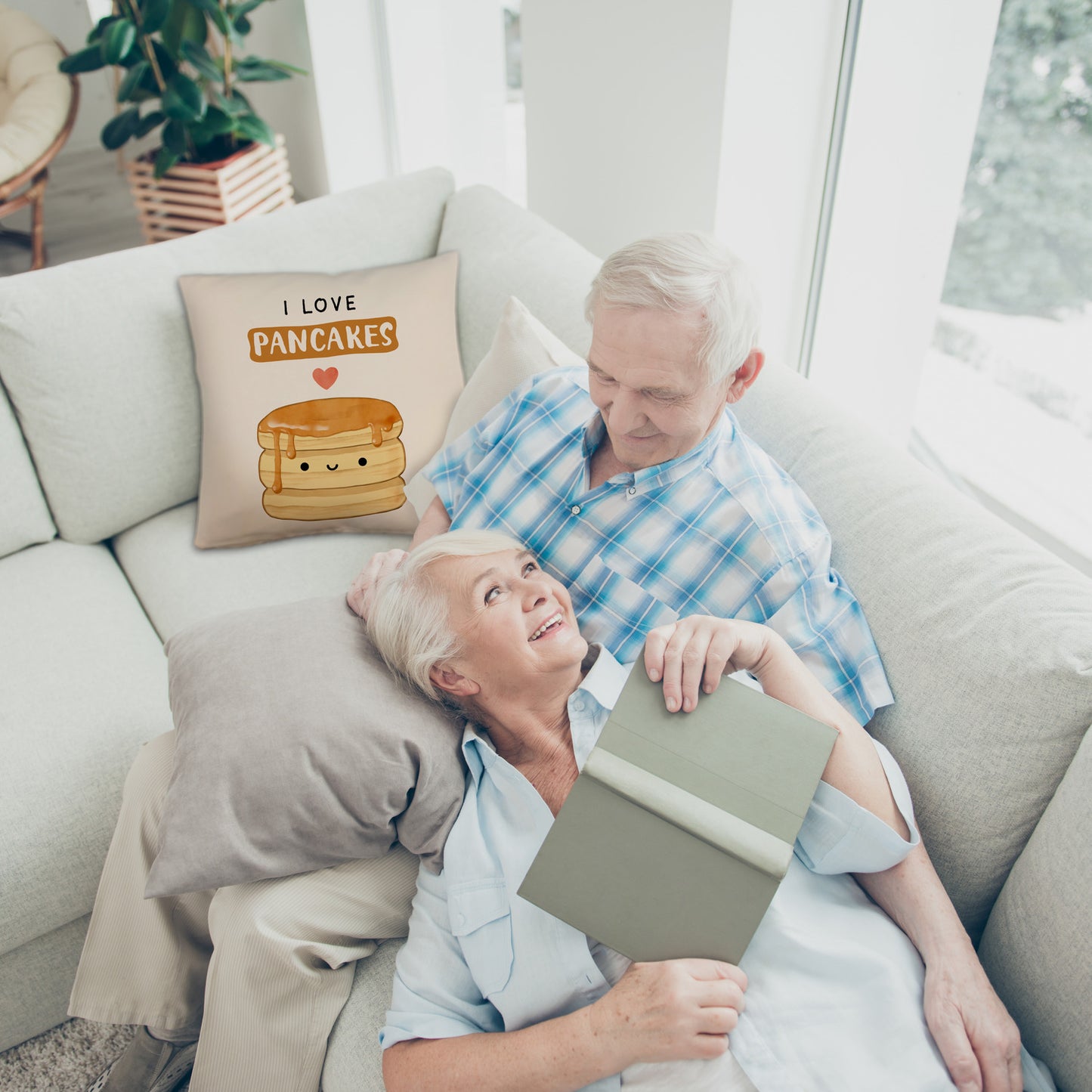 Pancake Kissen mit Leinenoptik mit Spruch I love pancakes