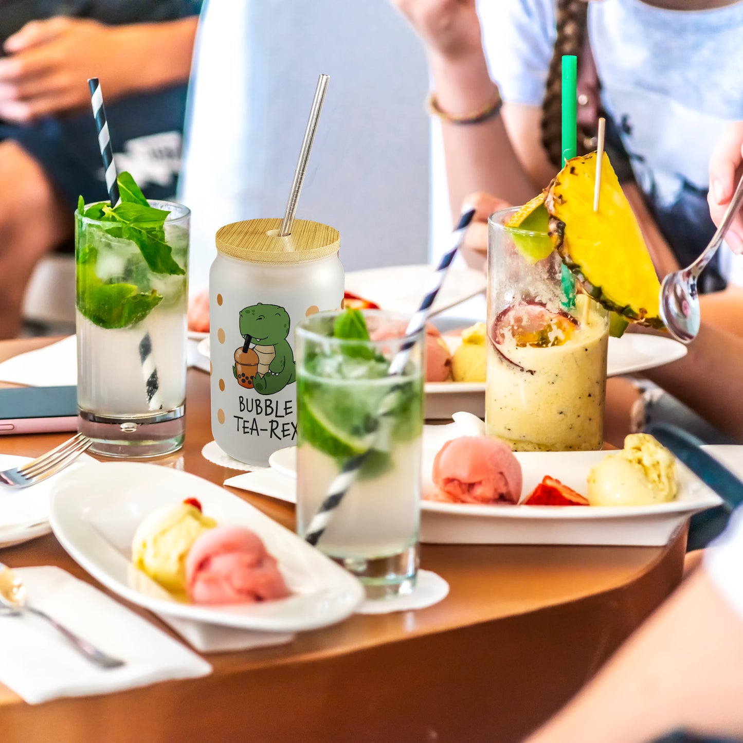 Bubble Tea-Rex Trinkglas mit Bambusdeckel mit T-Rex