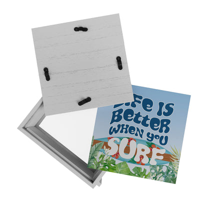 Rahmen Spardose aus Holz mit schönem Surfbrett Motiv und Spruch - Life is better when you surf