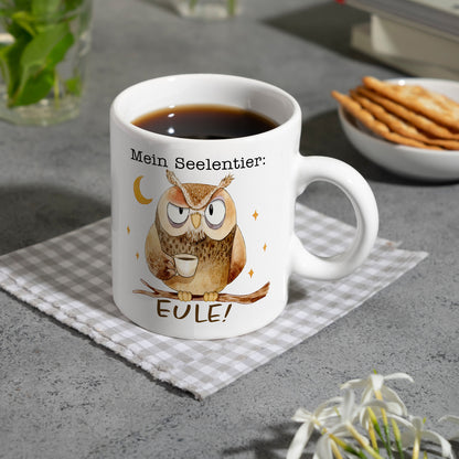 Eule Kaffeebecher mit Spruch Mein Seelentier Eule