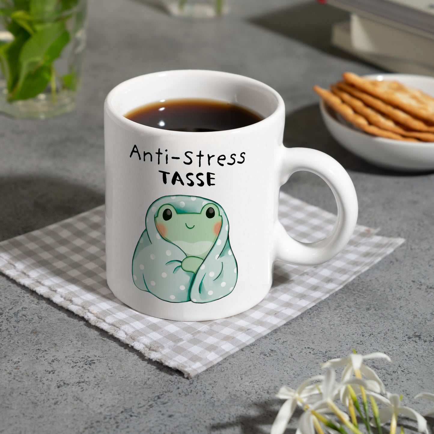 Frosch in blauer Decke mit Spruch Anti-Stress Tasse