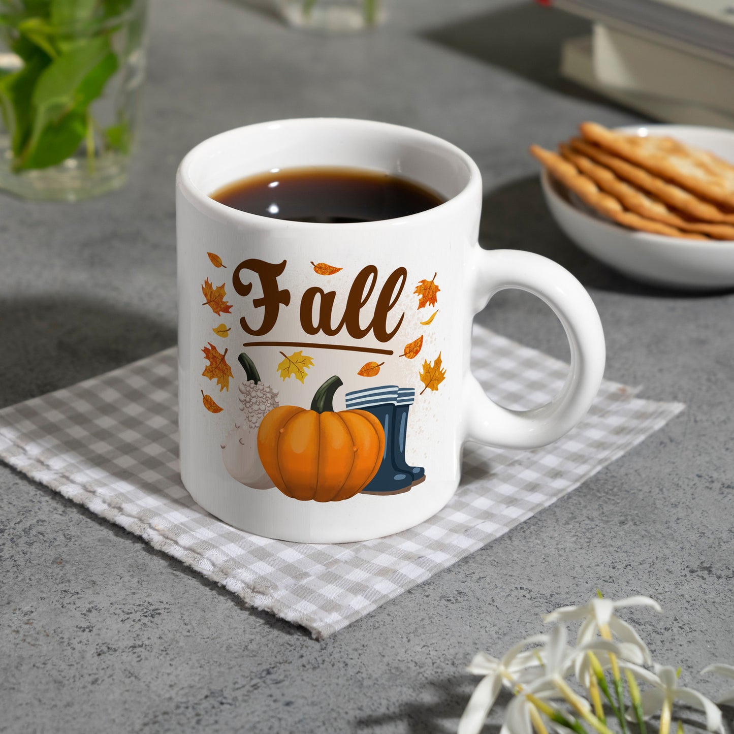 Fall Jahreszeit Herbst Kaffeebecher mit Kürbis und Laub