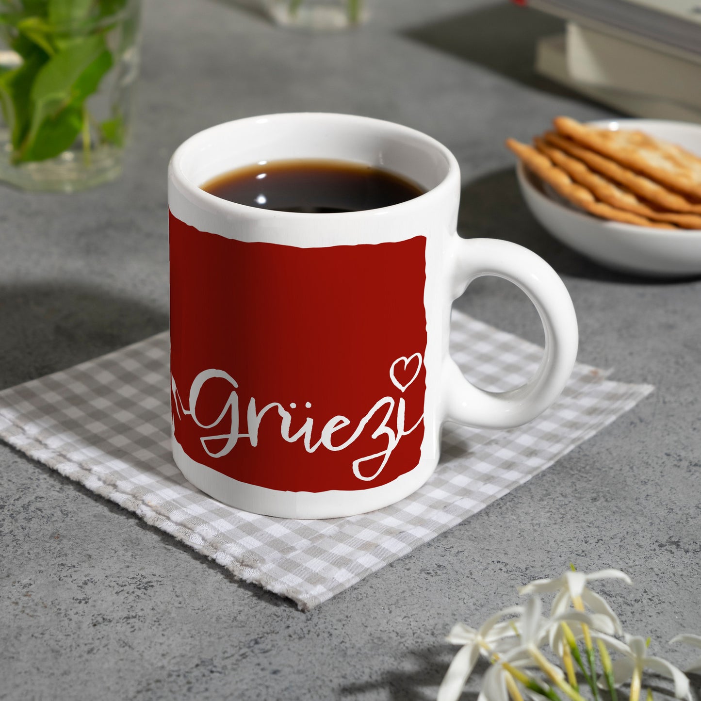 Grüezi Kaffeebecher mit Herz und Bergen