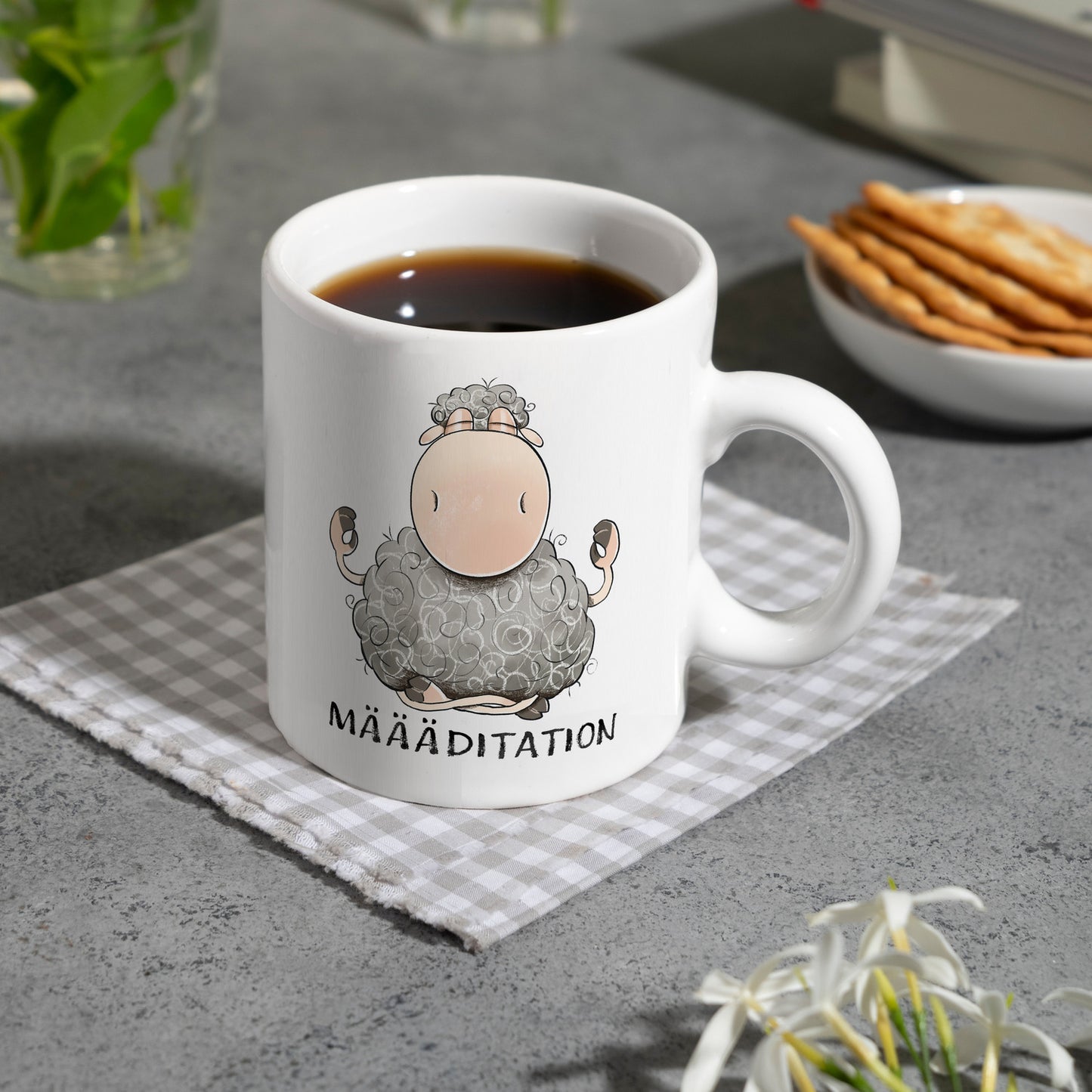 Schaf Kaffeebecher mit Spruch MÄÄÄditation