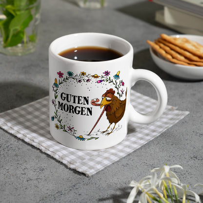 Guten Morgen Kaffeebecher mit Huhn und Wurm Motiv